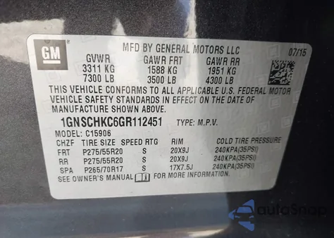 2016 Chevrolet Suburban Lt z USA, uszkodzony, nr VIN 1GNSCHKC6GR112451
